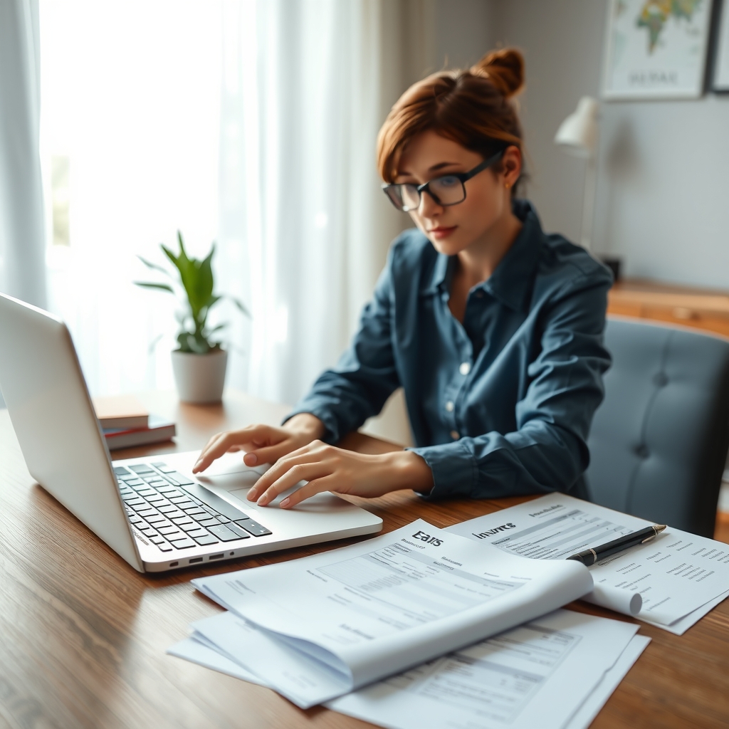 Comparing household bills and quotes at a laptop