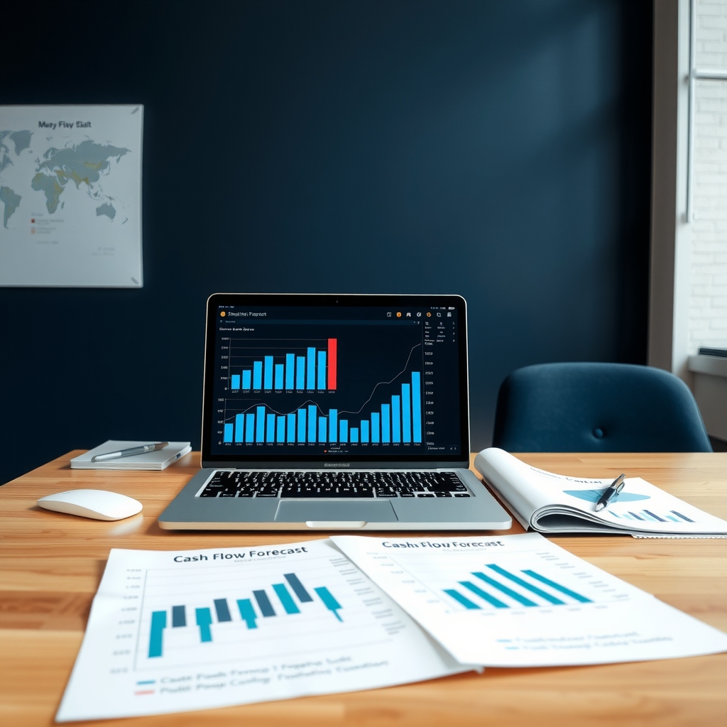 Cash flow forecast charts and reports on a desk