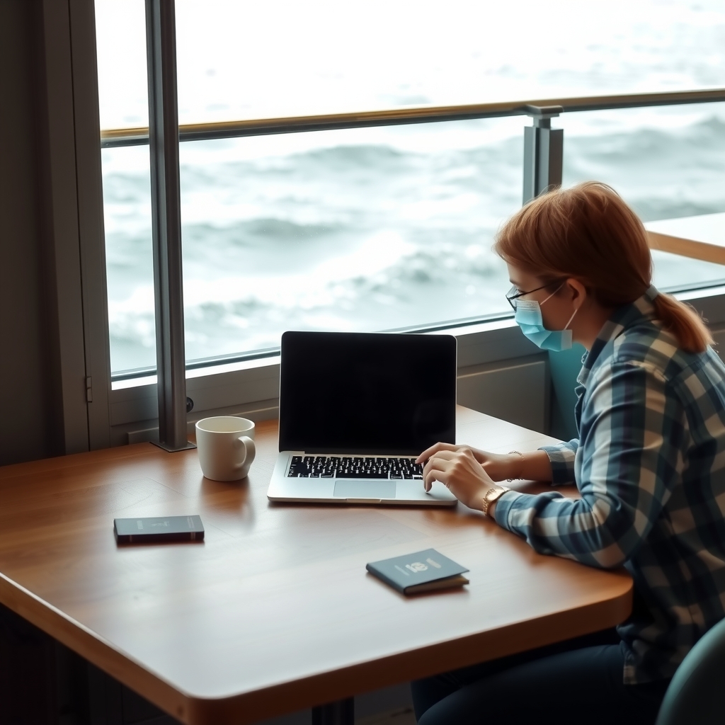 Remote worker with a laptop at a seaside cafe