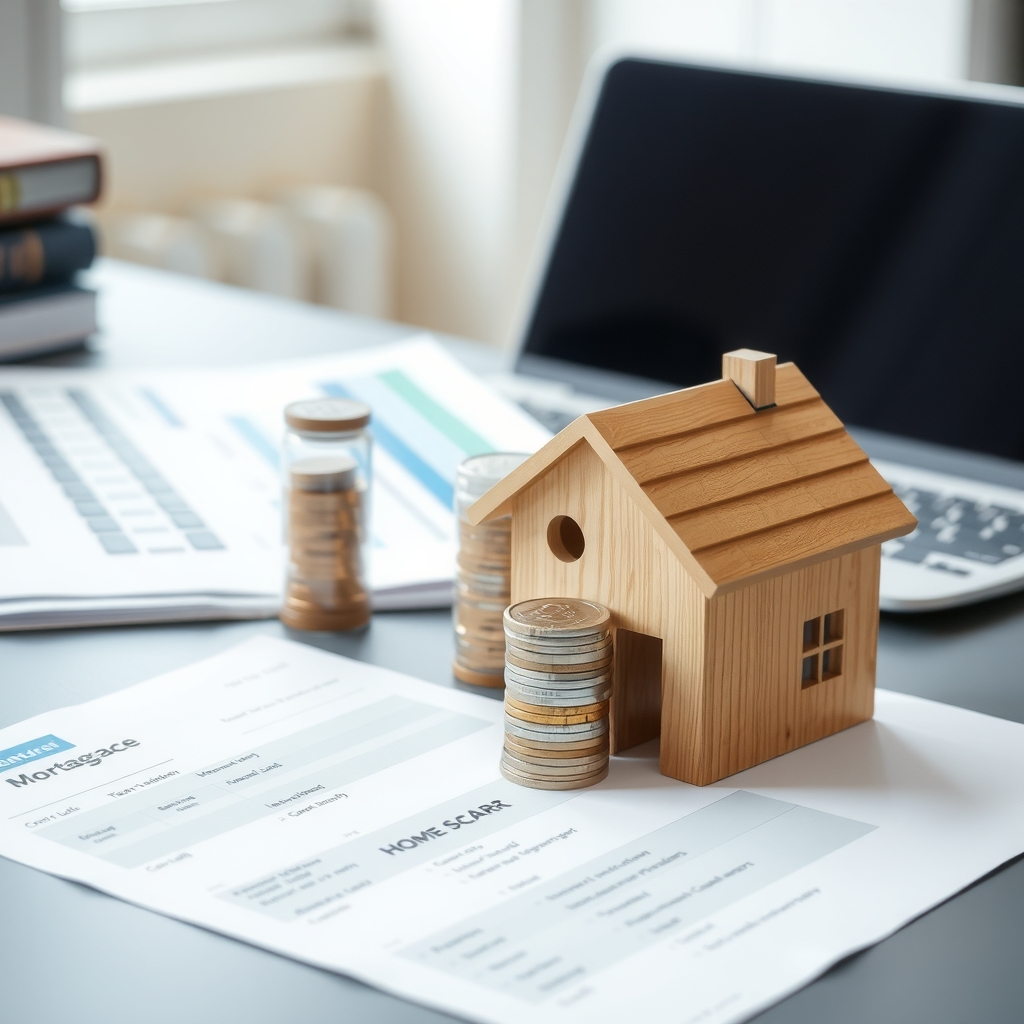 Model house beside coins and mortgage documents